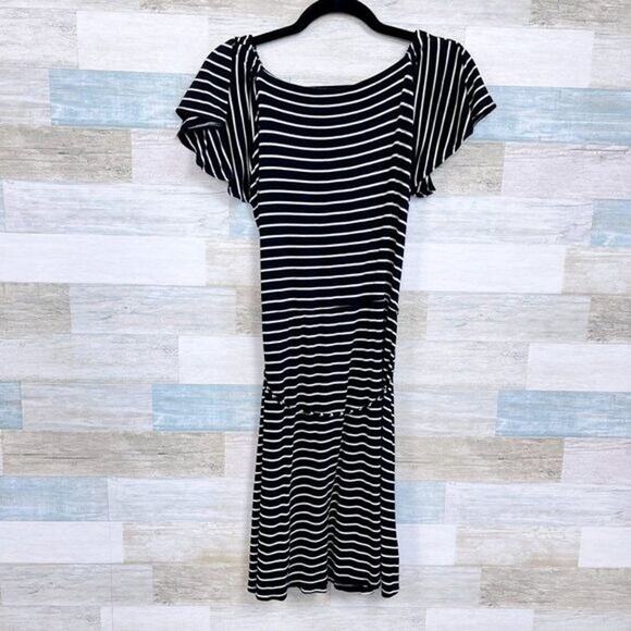 LOFT Striped Tie Waist T Shirt Dress Black White Casual Womens XSP - Picture 5 of 7
